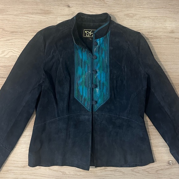 Vintage Sharif western women's suede jacket navy with turquoise accent - Picture 4 of 8